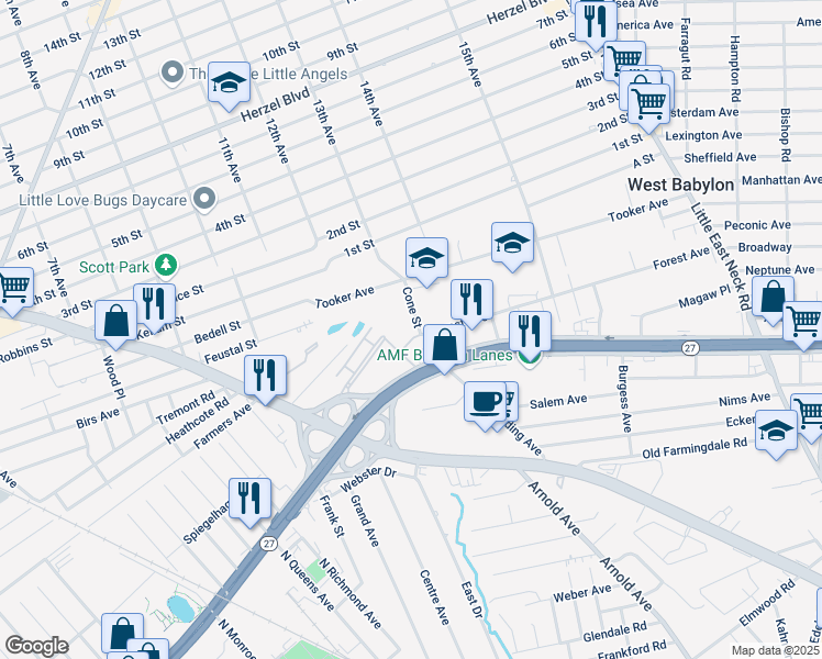 map of restaurants, bars, coffee shops, grocery stores, and more near 8 Cone Street in West Babylon