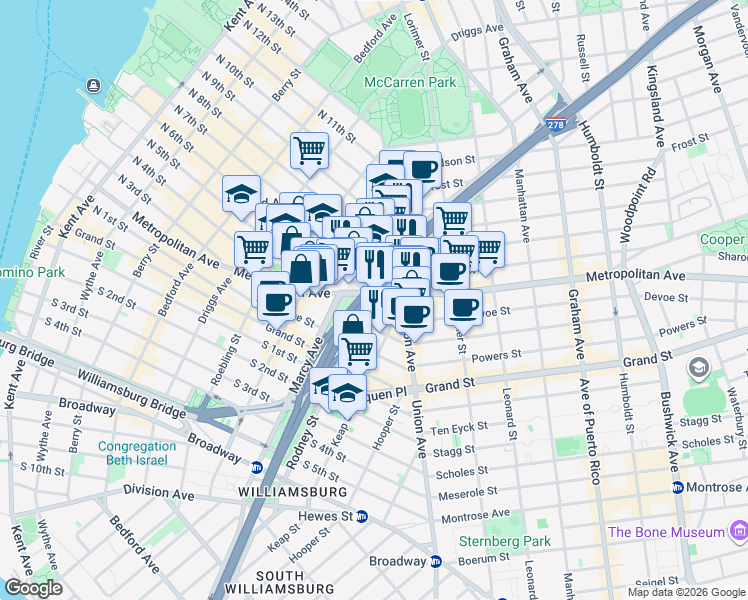 map of restaurants, bars, coffee shops, grocery stores, and more near 498 Metropolitan Avenue in Brooklyn