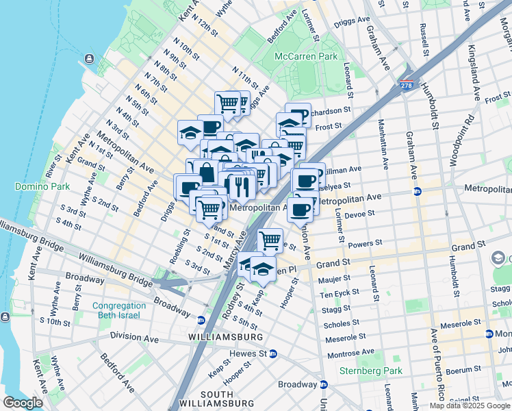 map of restaurants, bars, coffee shops, grocery stores, and more near 69 Havemeyer Street in Brooklyn