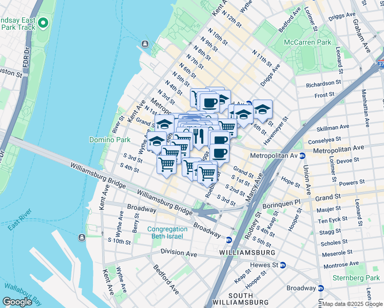 map of restaurants, bars, coffee shops, grocery stores, and more near 172 North 1st Street in Brooklyn