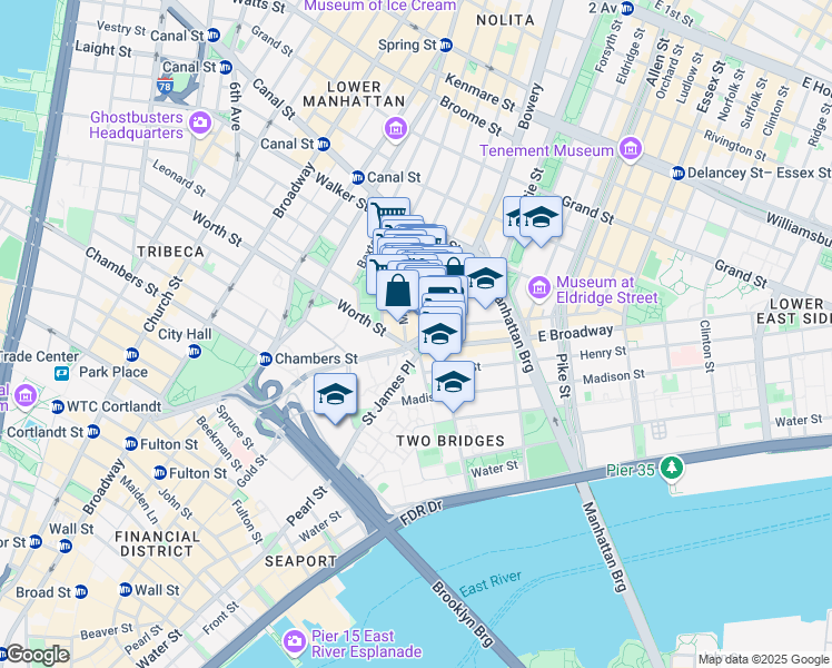 map of restaurants, bars, coffee shops, grocery stores, and more near 8 Doyers Street in New York