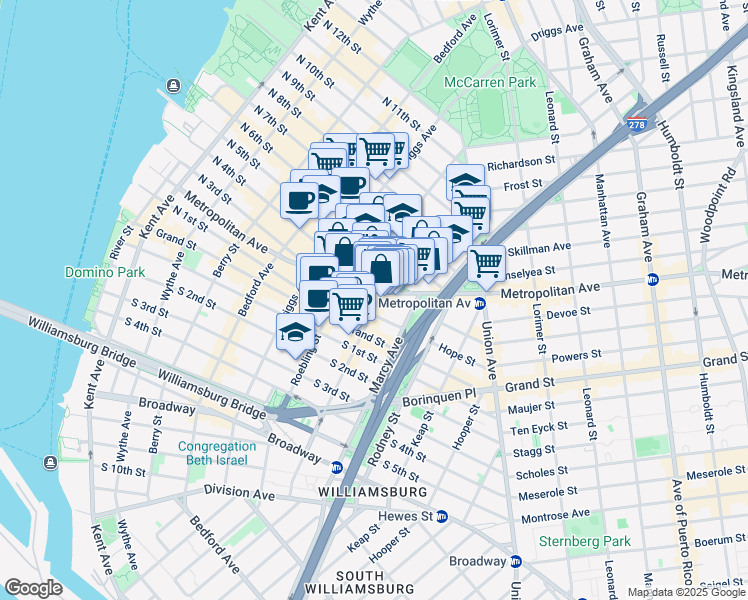 map of restaurants, bars, coffee shops, grocery stores, and more near 359 Metropolitan Avenue in Brooklyn