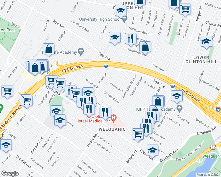 map of restaurants, bars, coffee shops, grocery stores, and more near 127 Goodwin Avenue in Newark