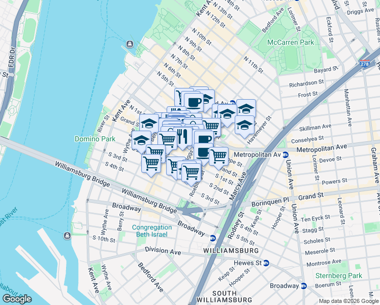 map of restaurants, bars, coffee shops, grocery stores, and more near Grand St & Driggs Ave in Brooklyn