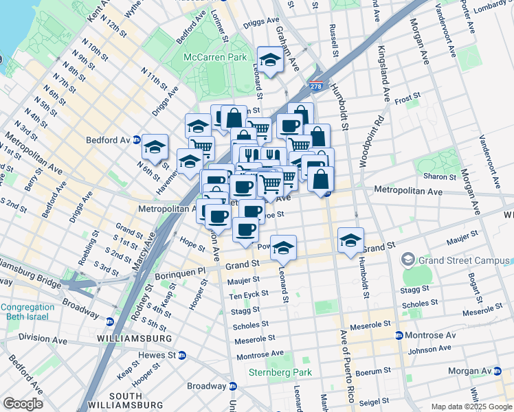 map of restaurants, bars, coffee shops, grocery stores, and more near 609 Metropolitan Avenue in Brooklyn