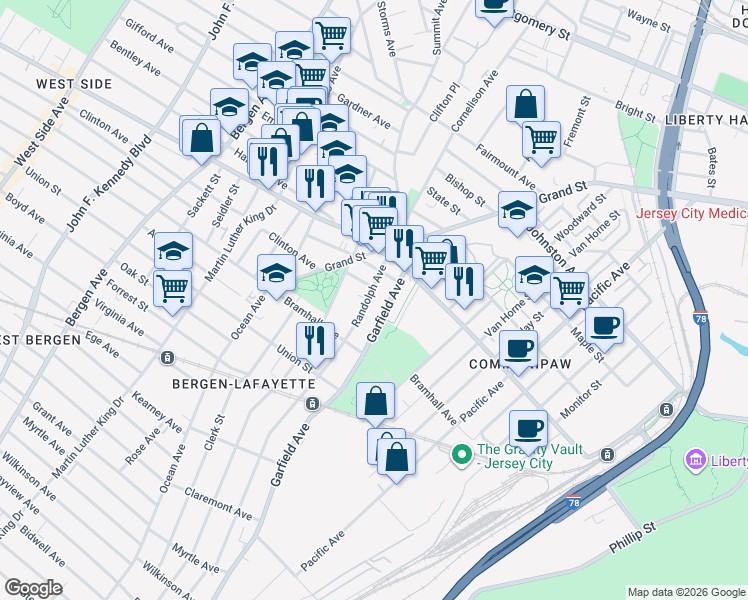 map of restaurants, bars, coffee shops, grocery stores, and more near 347 Randolph Avenue in Jersey City