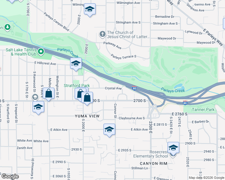 map of restaurants, bars, coffee shops, grocery stores, and more near 2140 East Crystal Avenue in Salt Lake City