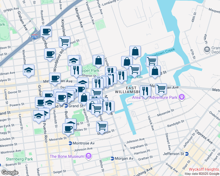 map of restaurants, bars, coffee shops, grocery stores, and more near 200-300 Vandervoort Avenue in Brooklyn