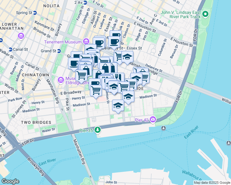map of restaurants, bars, coffee shops, grocery stores, and more near 245 East Broadway in New York