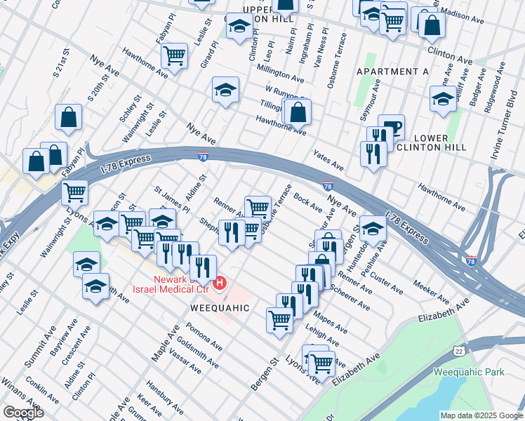 map of restaurants, bars, coffee shops, grocery stores, and more near 88 Huntington Terrace in Newark