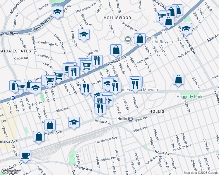 map of restaurants, bars, coffee shops, grocery stores, and more near 89-59 191st Street in Queens