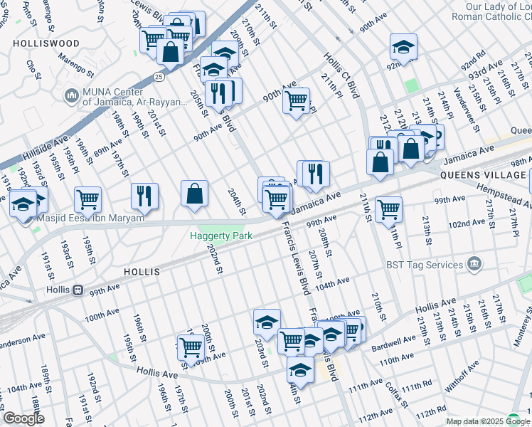 map of restaurants, bars, coffee shops, grocery stores, and more near 94-02 Francis Lewis Boulevard in Queens