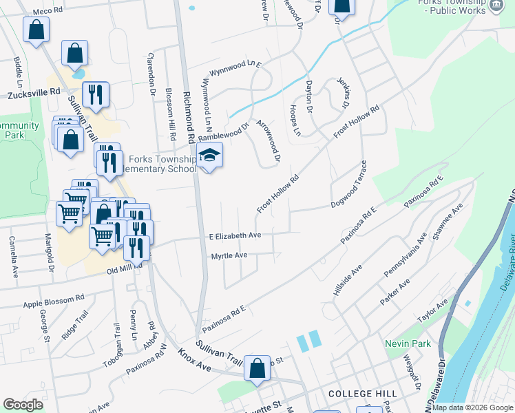map of restaurants, bars, coffee shops, grocery stores, and more near 206 Frost Hollow Road in Easton