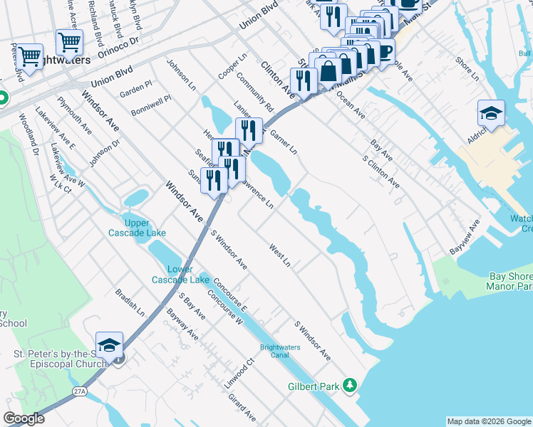 map of restaurants, bars, coffee shops, grocery stores, and more near 10 Lawrence Lane in Bay Shore