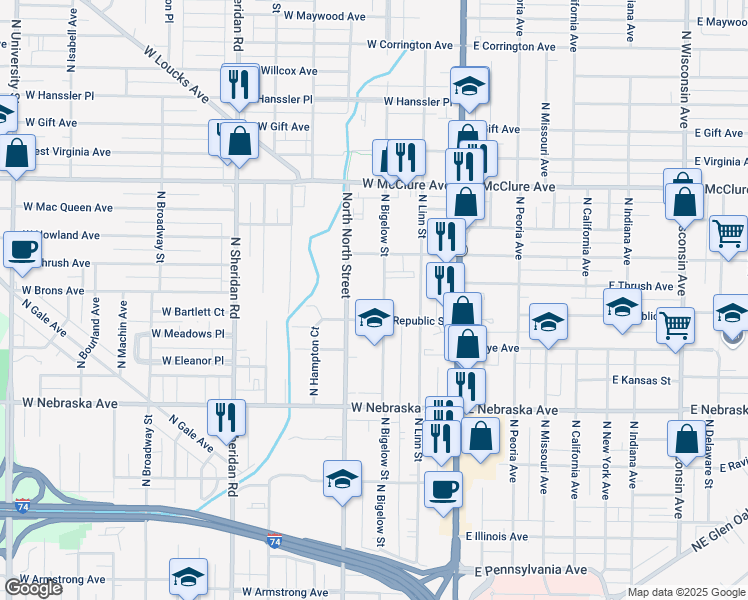 map of restaurants, bars, coffee shops, grocery stores, and more near 2212 North North Street in Peoria