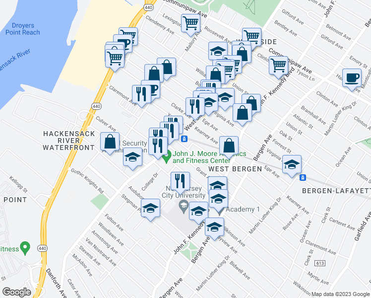 map of restaurants, bars, coffee shops, grocery stores, and more near 347 Claremont Avenue in Jersey City