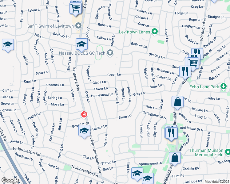 map of restaurants, bars, coffee shops, grocery stores, and more near 21 Water Lane North in Levittown