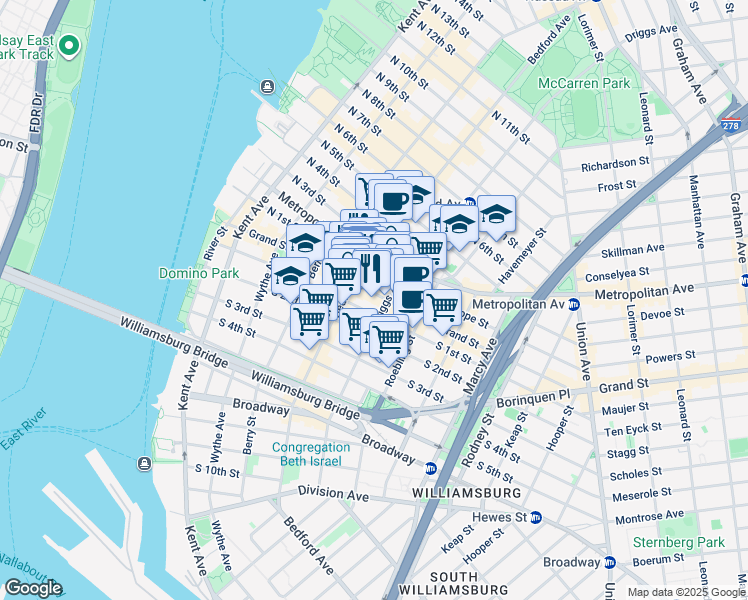 map of restaurants, bars, coffee shops, grocery stores, and more near 172 North 1st Street in Brooklyn