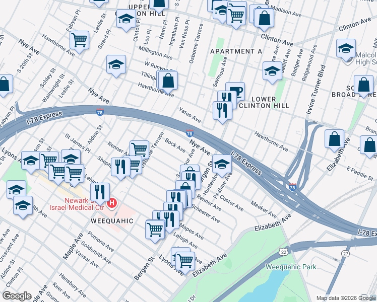 map of restaurants, bars, coffee shops, grocery stores, and more near 22 Nye Avenue in Newark