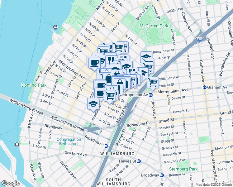 map of restaurants, bars, coffee shops, grocery stores, and more near 362 Metropolitan Avenue in Brooklyn