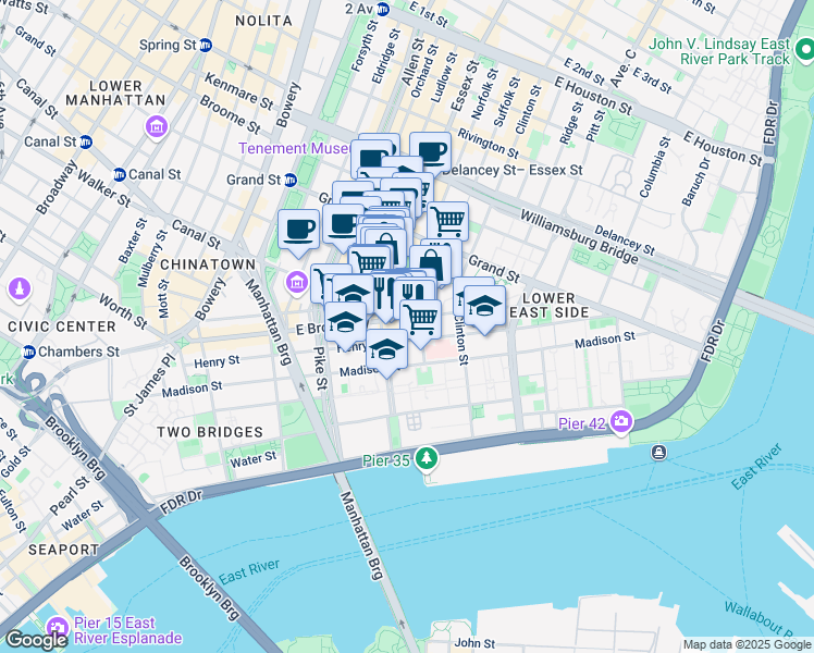 map of restaurants, bars, coffee shops, grocery stores, and more near 188 East Broadway in New York