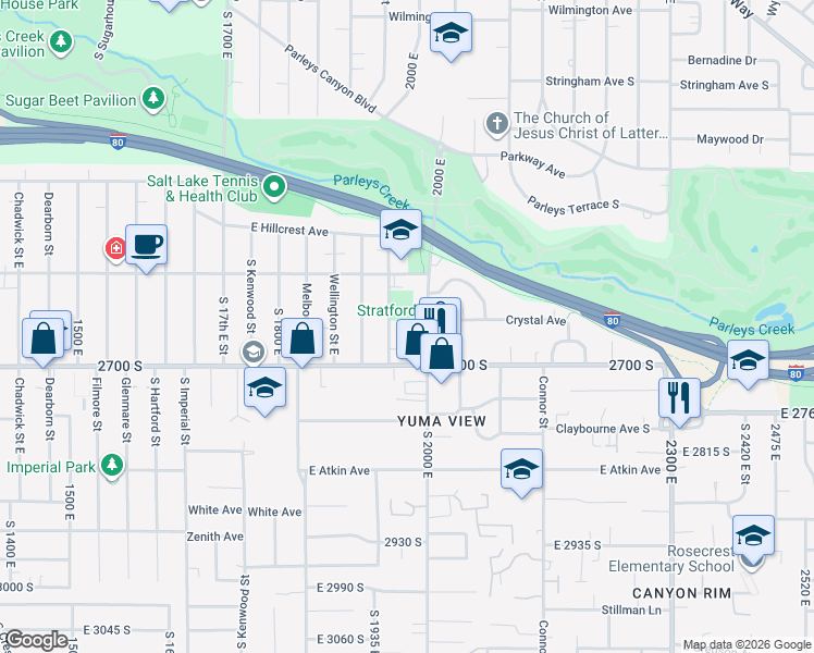 map of restaurants, bars, coffee shops, grocery stores, and more near 2648 Preston Street in Salt Lake City