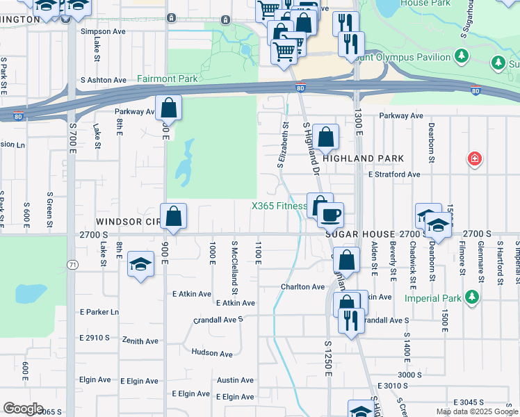 map of restaurants, bars, coffee shops, grocery stores, and more near 2594 South 1100 East in Salt Lake City