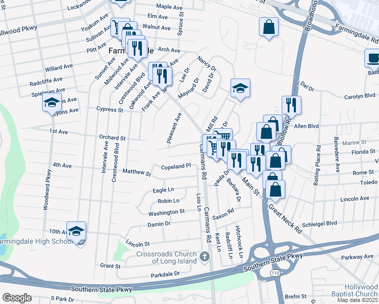 map of restaurants, bars, coffee shops, grocery stores, and more near 11 Terrace View Road in Farmingdale