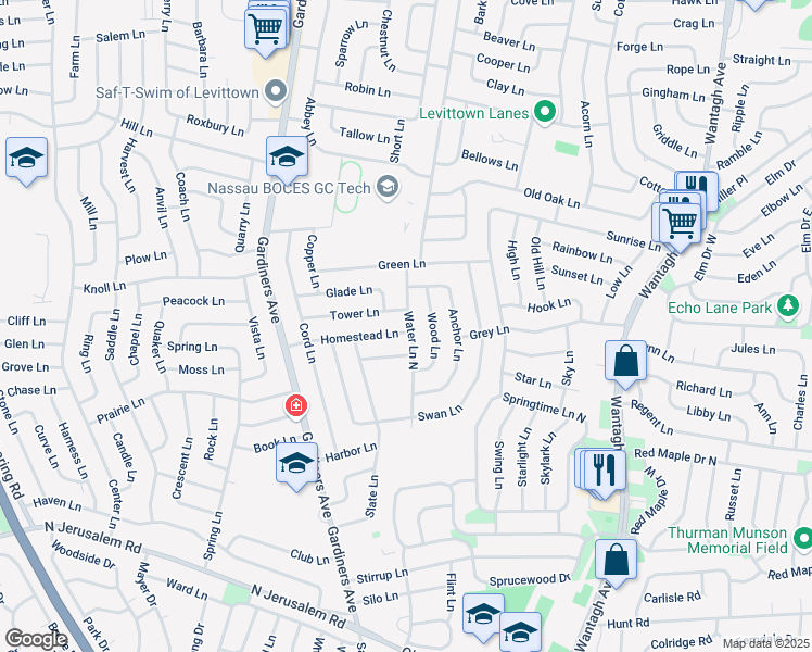 map of restaurants, bars, coffee shops, grocery stores, and more near 21 Water Lane North in Levittown