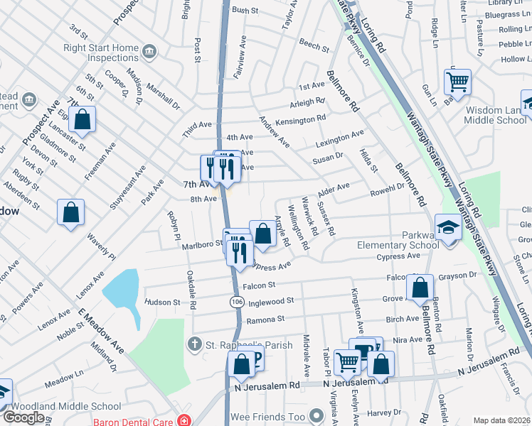 map of restaurants, bars, coffee shops, grocery stores, and more near 371 Star Street in East Meadow