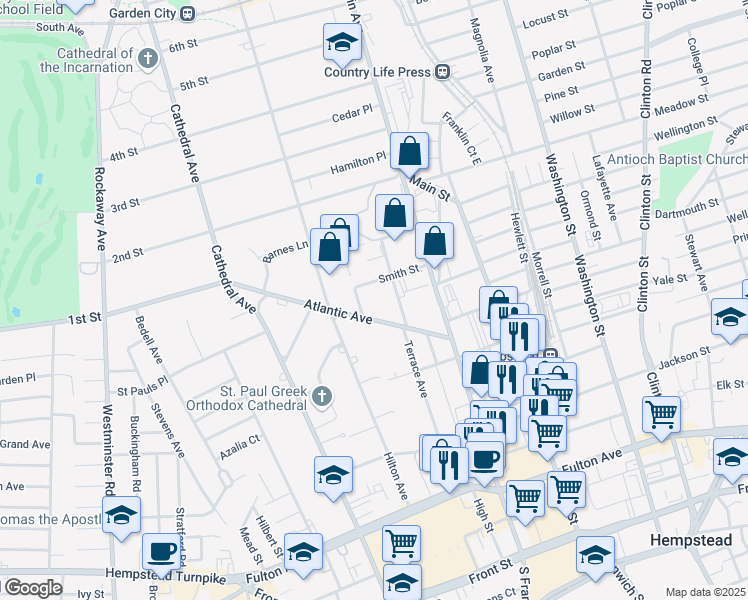 map of restaurants, bars, coffee shops, grocery stores, and more near 49 Sealey Avenue in Hempstead