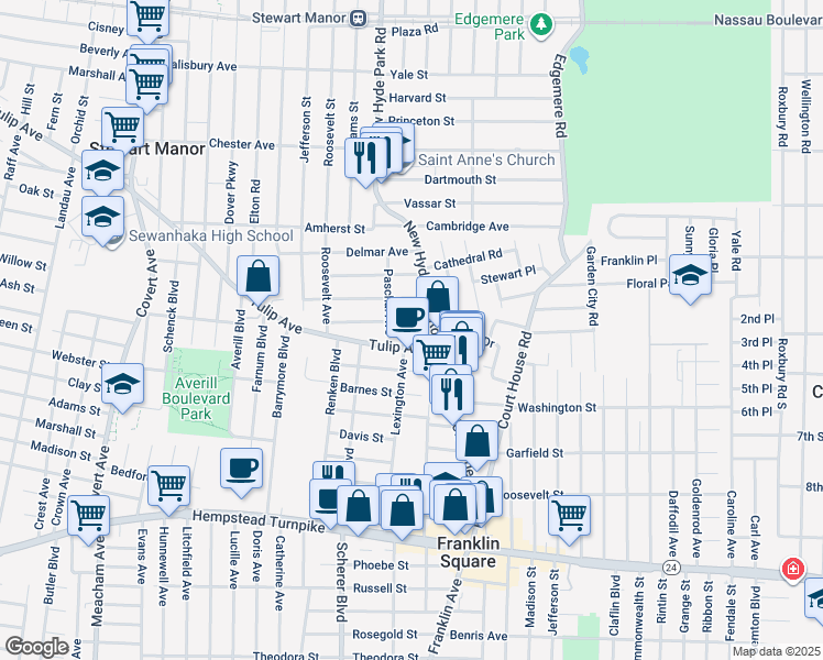 map of restaurants, bars, coffee shops, grocery stores, and more near 1055 Benmore Avenue in Franklin Square