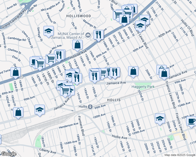 map of restaurants, bars, coffee shops, grocery stores, and more near 195-24 90th Avenue in Queens