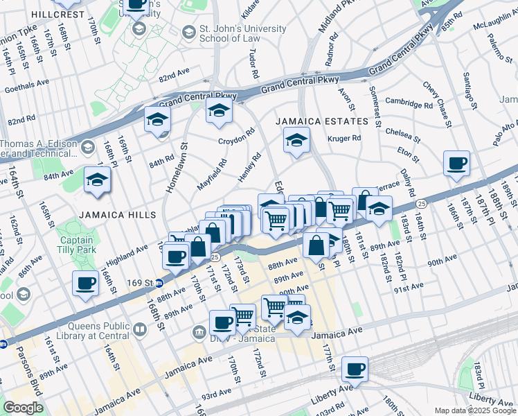 map of restaurants, bars, coffee shops, grocery stores, and more near 175-24 Devonshire Road in Queens