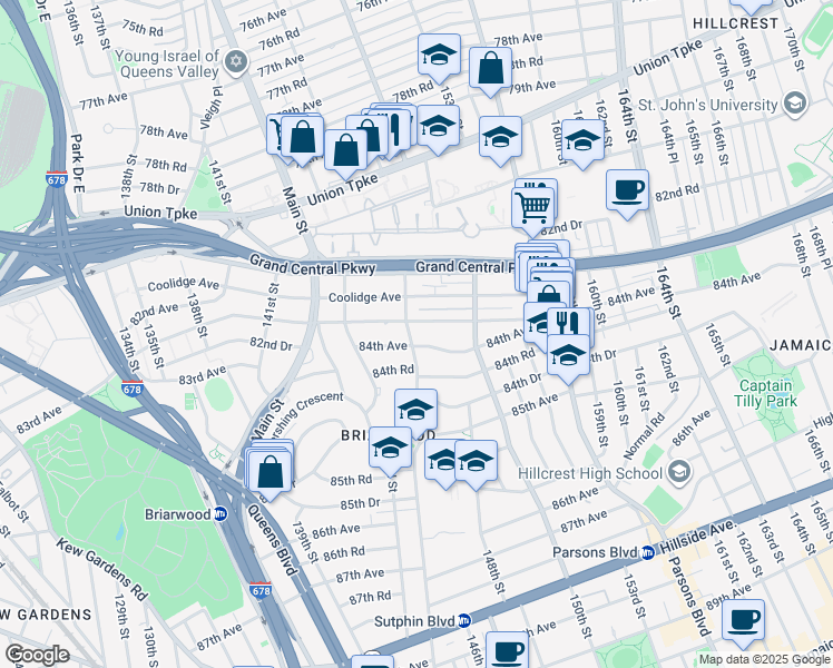 map of restaurants, bars, coffee shops, grocery stores, and more near 147-21 Hoover Avenue in Queens