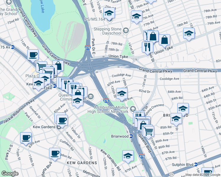 map of restaurants, bars, coffee shops, grocery stores, and more near 135-08 82nd Avenue in Queens