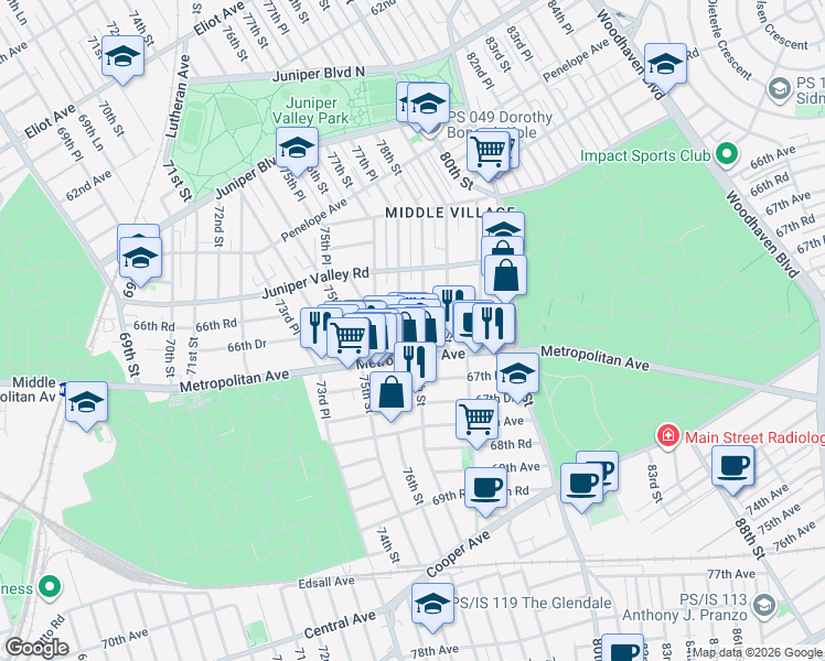 map of restaurants, bars, coffee shops, grocery stores, and more near 78-2 66th Road in Queens
