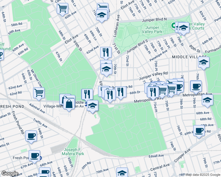 map of restaurants, bars, coffee shops, grocery stores, and more near 69-38 Juniper Valley Road in Queens