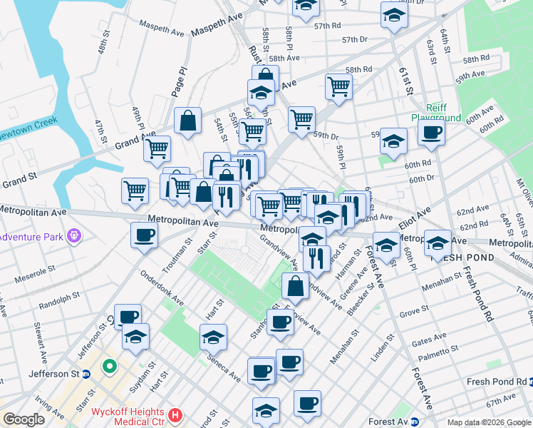 map of restaurants, bars, coffee shops, grocery stores, and more near 60-25 54th Street in Queens