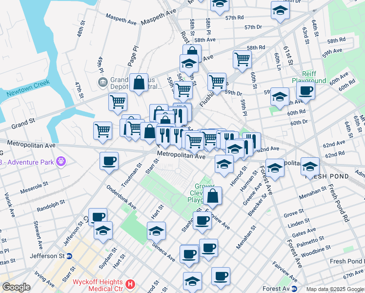 map of restaurants, bars, coffee shops, grocery stores, and more near 60-25 54th Street in Queens