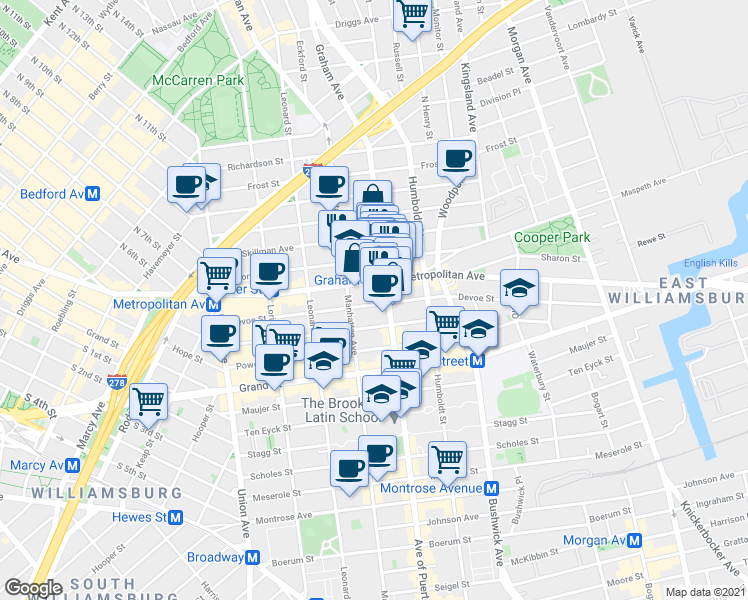 map of restaurants, bars, coffee shops, grocery stores, and more near 713 Metropolitan Avenue in Brooklyn