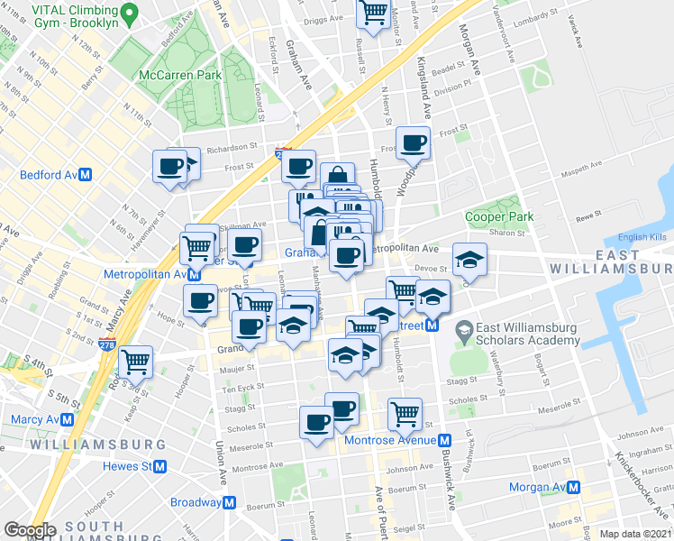 map of restaurants, bars, coffee shops, grocery stores, and more near 713 Metropolitan Avenue in Brooklyn
