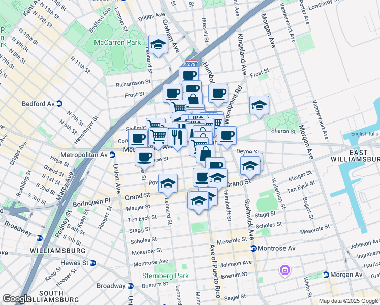 map of restaurants, bars, coffee shops, grocery stores, and more near 713 Metropolitan Avenue in Brooklyn
