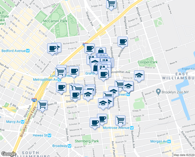 map of restaurants, bars, coffee shops, grocery stores, and more near 713 Metropolitan Avenue in Brooklyn