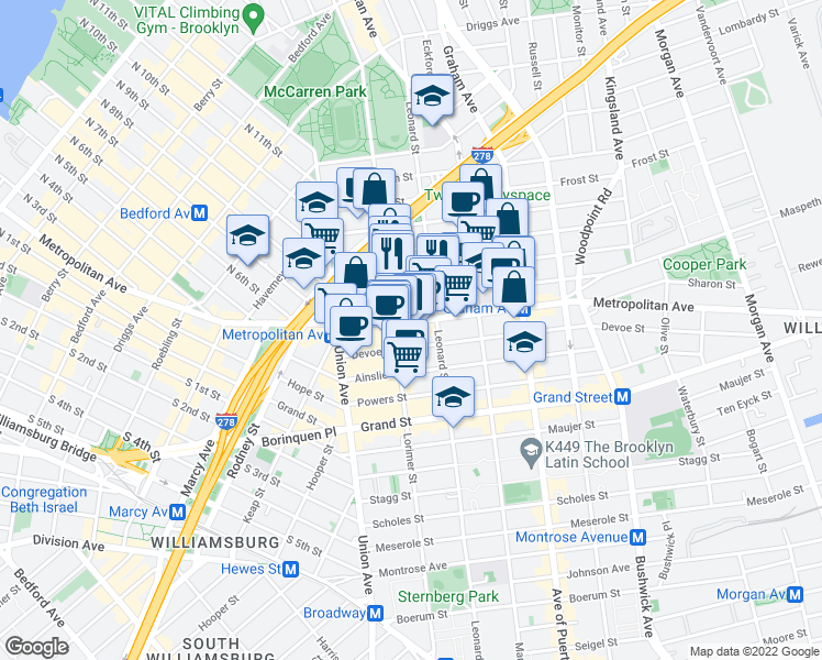 map of restaurants, bars, coffee shops, grocery stores, and more near 609 Metropolitan Avenue in Brooklyn