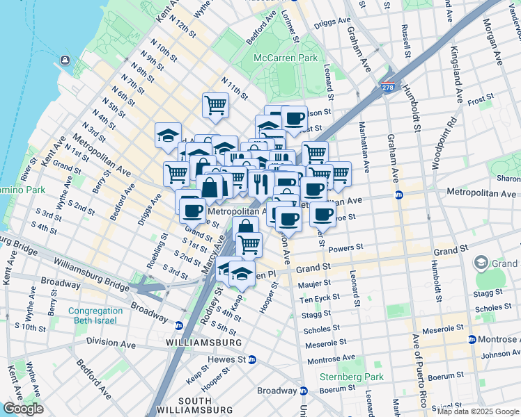 map of restaurants, bars, coffee shops, grocery stores, and more near 498 Metropolitan Avenue in Brooklyn