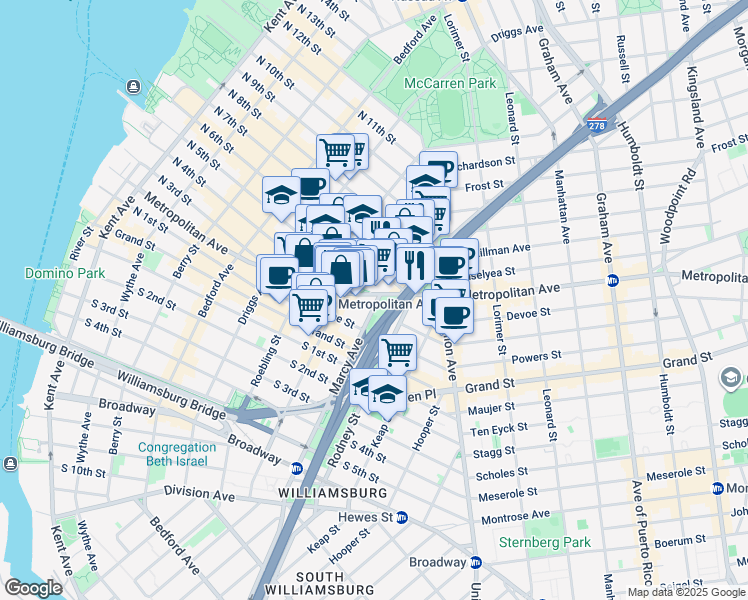 map of restaurants, bars, coffee shops, grocery stores, and more near 417-421 Metropolitan Avenue in Brooklyn