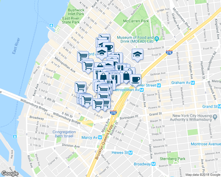 map of restaurants, bars, coffee shops, grocery stores, and more near 359 Metropolitan Avenue in Brooklyn