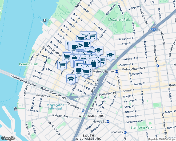 map of restaurants, bars, coffee shops, grocery stores, and more near 235-209 North 4th Street in Brooklyn