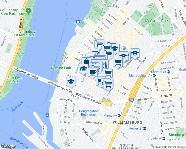map of restaurants, bars, coffee shops, grocery stores, and more near 156 Grand Street in Brooklyn